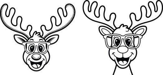 Two cartoon reindeer heads wearing glasses one with a simple outline and the other with filled in details north pole black and white animal head reindeer © msmdesign