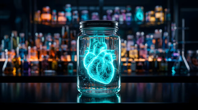 Luminous blue glowing human anatomy heart inside a glass container on a dark surface surrounded by bokeh shelves of colorful liquids