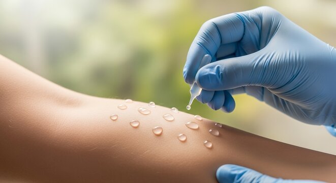 Hand applying allergy test drops on forearm during medical skin prick procedure outdoors