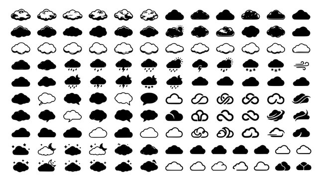 Big cloud shapes vector set with cute cartoon weather icon and logo collection