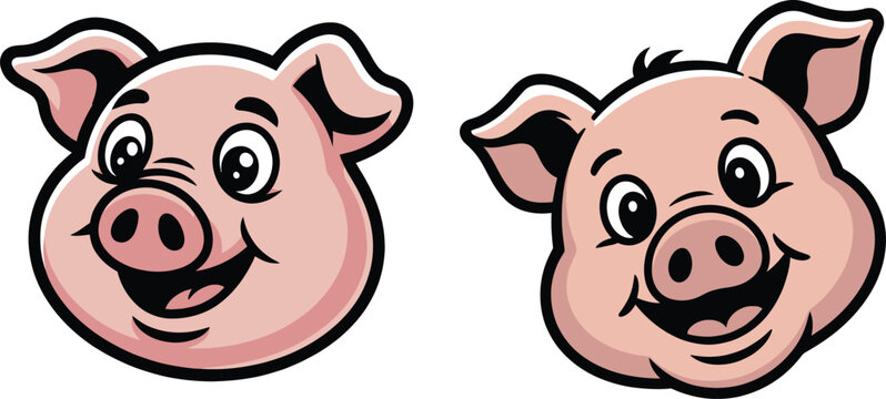 Two cartoon pig heads with cheerful expressions one with a simpler design and the other with more detailed shading animal head domestic animal illustration