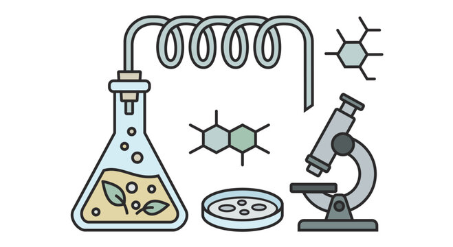 Fermentation process in laboratory with flask microscope and petri dish flat illustration
