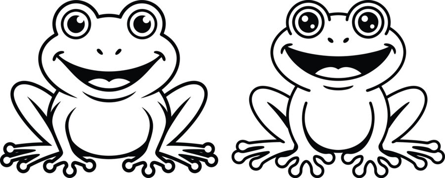 Two smiling cartoon frogs sitting one with a simple outline and the other with filled in details and shading black and white amphibian illustration