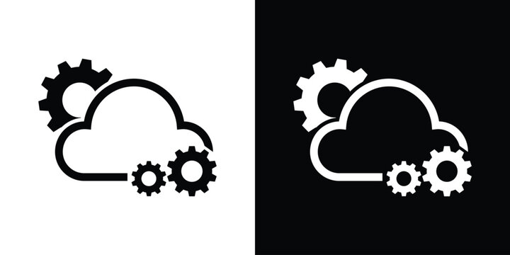 Cloud engineering icon featuring an outline of a cloud surrounded by mechanical gears, representing data processing, system automation, and setup.