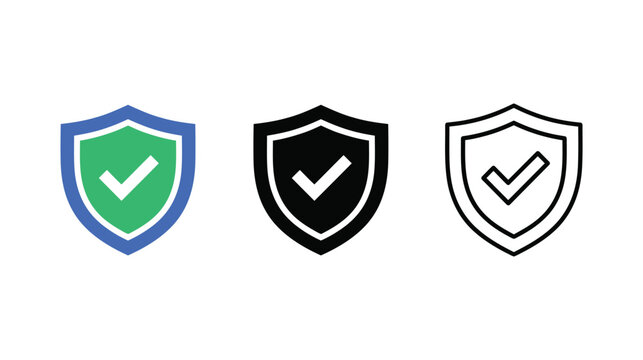 Shield icons with check marks in green blue black and white Vector, illustration