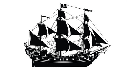 Pirate ship silhouette against a white background detailed black cutout © EY