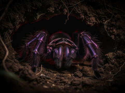 Venezuelan purple tarantula emerges from dark burrow