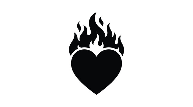 Burning heart silhouette against a white background