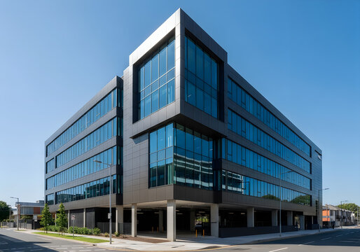 Modern multistory office building with large windows and blue sky