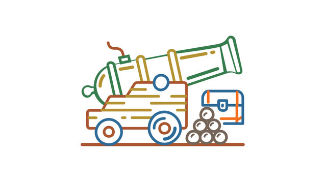 Seafaring artillery on a timber mount alongside iron projectiles and a loot box, versatile linear graphic with variable border density and adaptable path thickness for battle.