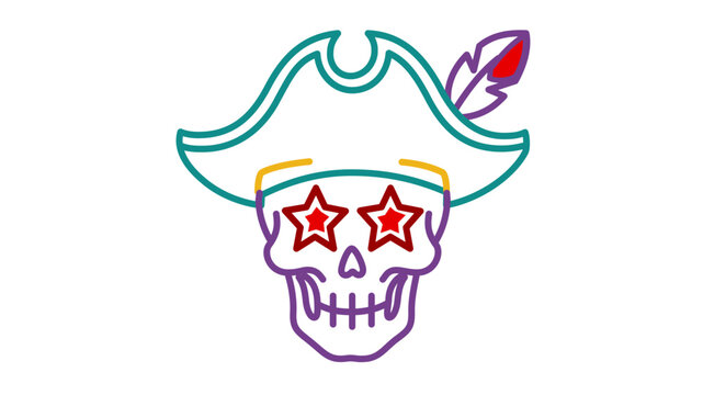 Playful skeleton head adorned with a plumed three-cornered cap and stellar gaze, polychromatic outline graphic with variable path density and personalized border thickness features.