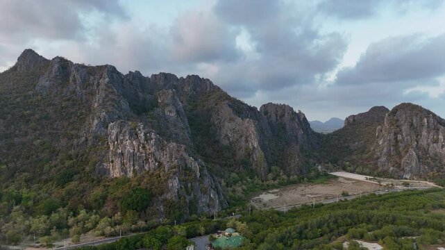 Aerial Drone View Of Khao Daeng Mountains Thailand
Aerial drone footage of dramatic limestone mountains at Khao Daeng View Point in Thailand on 19 May 2026.

