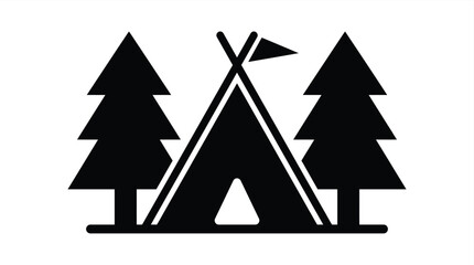 Obraz premium Camping Tent And Pine Trees Silhouette On White Background