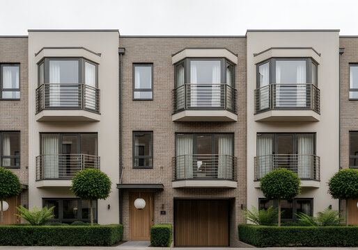 Modern suburban townhouses with balconies and garage doors