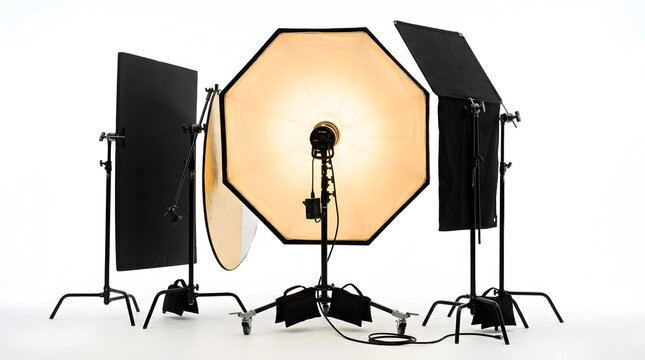 Professional studio strobe lights and softbox setups for photography and video production on a white background