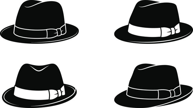 Collection of four different fedora hat designs in black and white