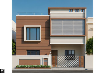 Fototapeta premium Modern twostory house with brown and beige exterior and metal gate