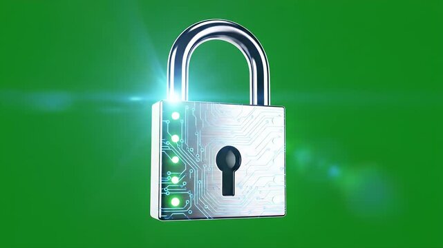 Digital Lock Unlocking Animation - A digital lock graphic made of particles is forming and unlocking against a chroma key green background.