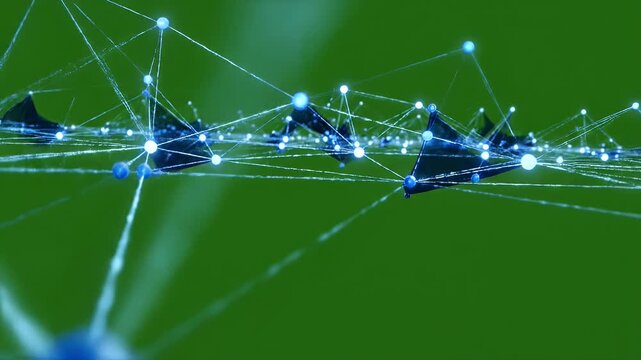 Dynamic Digital Network Nodes - A futuristic digital network visualization showcasing interconnected nodes and lines against a vibrant green backdrop.