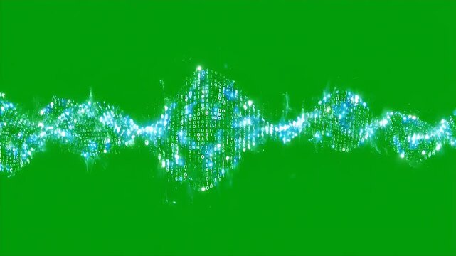 Flowing Digital Network Wave on Green Screen - A dynamic digital network wave composed of glowing binary code flows horizontally across a vivid chroma key green background.