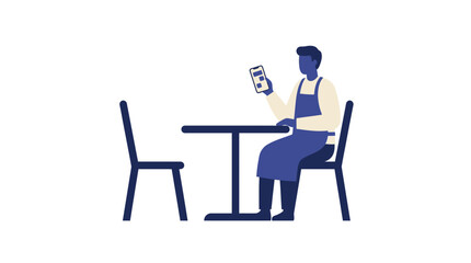 Fototapeta premium Man in apron sitting at table with chairs, holding a drink with condensation, cafe or restaurant scene, relaxed atmosphere
