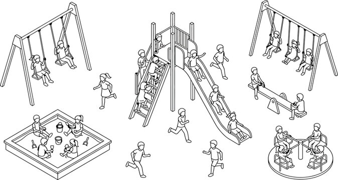 Children playing on playground equipment in the park, isometric vector illustration