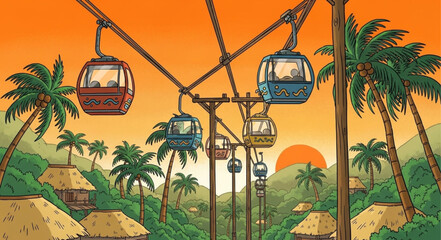 Tropical Resort Cable Cars at Sunset with Palm Trees and Huts. © Anang