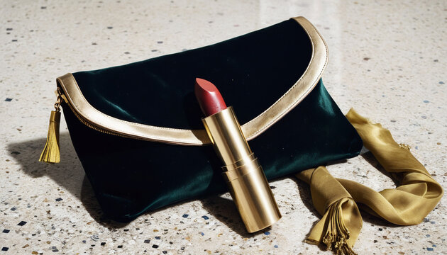 Luxury fashion lookbook series: Open velvet clutch bag with red lipstick on textured counter