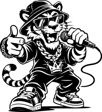 Cartoon tiger rapper wearing bucket hat and sunglasses singing into microphone mascot logo.