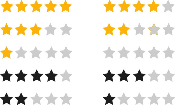 Star rating system with yellow and gray icons isolated on transparent background
