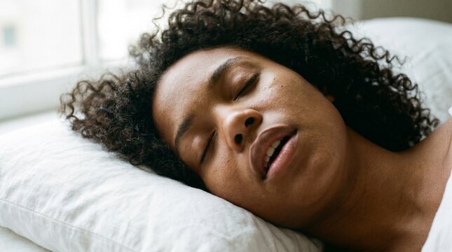  Close up portrait of an African American woman sleeping with her mouth open, concept of snoring, nasal congestion, or sleep apnea.