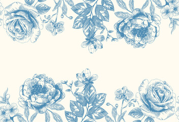 Naklejka na ściany i meble Botanical blue wedding seamless borer with flower on white background. Hand drawn floral, flower and leaf branch in toile de jouy style. Line art for wedding invitation, greeting birthday cards.