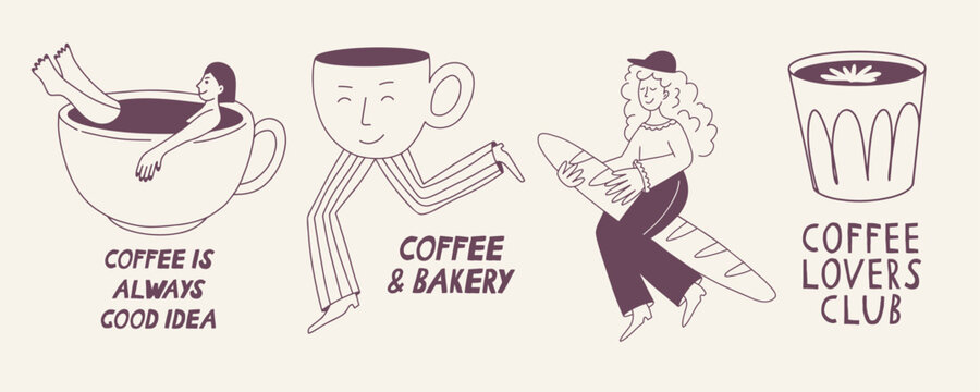 Hand drawn coffee and bakery illustration set with people and characters. Includes cups, croissants, donuts, muffins and drinks in minimal doodle style. Perfect for cafe menus, restaurant branding