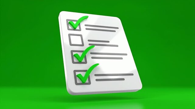 Floating Checklist with Green Tick Marks on Green Screen - A 3D-video checklist with four items, each marked with a bold green tick, floats against a vibrant green screen background.