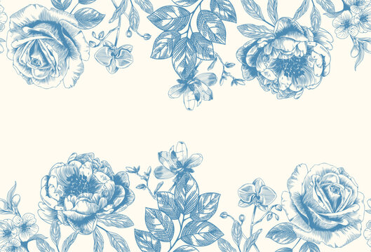 Botanical blue wedding seamless borer with flower on white background. Hand drawn floral, flower and leaf branch in toile de jouy style. Line art for wedding invitation, greeting birthday cards.