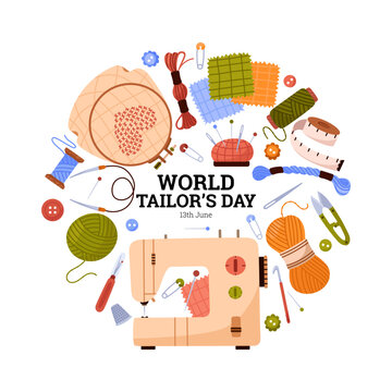 World Tailor's Day. Sewing, embroidery, and knitting poster. Handicraft tools. Hobbies, handmade. Sewing machine, yarn, knitting needle, pincushion, pin, button. Tailor, seamstress Vector illustration