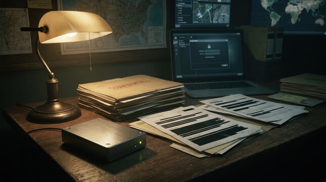 Dark intelligence analyst workspace with confidential dossiers, encrypted storage drive and redacted reports under cinematic desk lighting in a realistic investigative environment