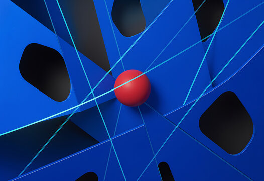 Cobalt-blue geometric planes with charcoal black voids, thin cyan energy lines slicing through, matte red sphere off-center, layered depth haze.