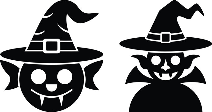 Halloween cartoon characters vampire face with fangs and witch with hat black and white halloween character illustration creature celebration silhouette