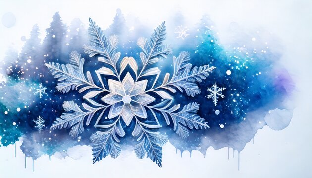 Ilustracion Copo De Nieve Frio Acuarela Brillo Azul Hielo Invierno