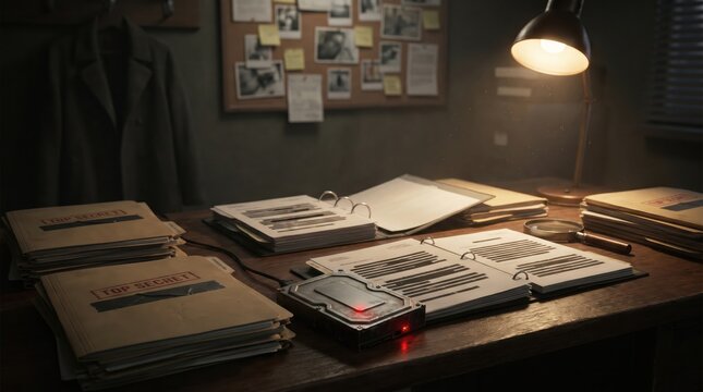 Dark intelligence analyst workspace with confidential dossiers, encrypted storage drive and redacted reports under cinematic desk lighting in a realistic investigative environment