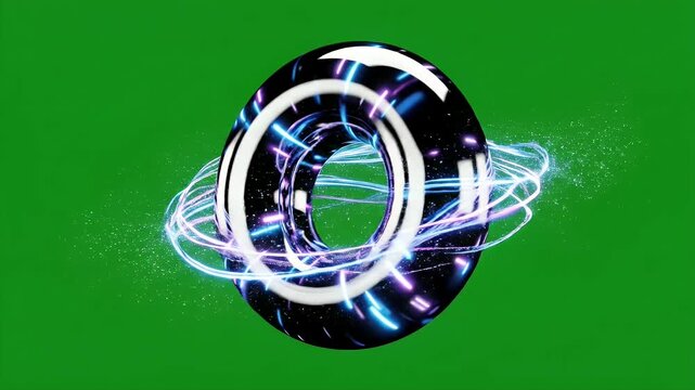 Rotating Torus with Light Trails on Green Screen - A 3D torus shape is seen rotating against a chroma key green screen background, adorned with dynamic, luminescent light trails in shades of blue and
