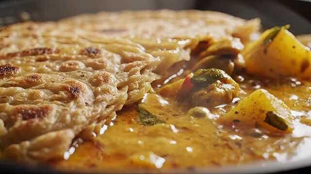 Closeup of delicious curry being poured over flatbread and potatoes.
