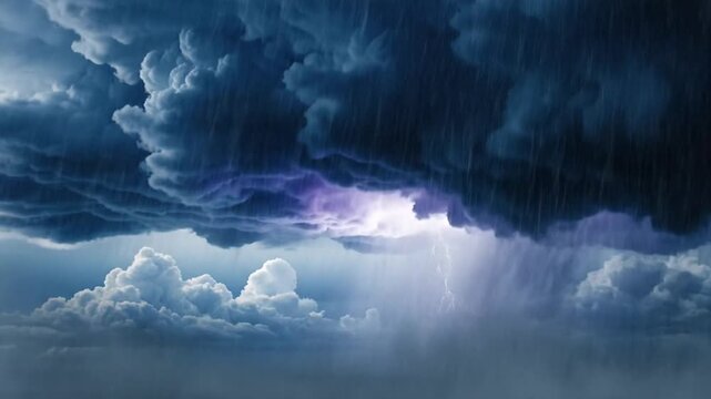 Dark blue storm clouds filling the upper sky with heavy texture, featuring a visible lightning bolt and rain shafts falling towards a horizon with white puffy cumulus clouds.
