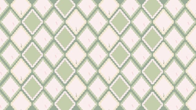 4k footage animation of beautiful cute small pink ribbon and colourful flowers with green leaves in plaid texture. simple vintage ditsy style. wallpaper loop green pink background 