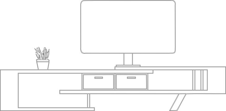 Technical furniture elevation drawing of a modern entertainment center featuring a TV on stand, low console with drawers, and open shelving in minimalist CAD line art.