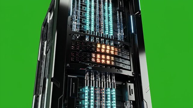 Futuristic Data Server Tower with Illuminated Patterns - A sleek and modern data server tower is featured with a prominent array of blinking lights in a variety of colors.