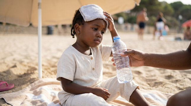  Overheated African American child with a cold towel on forehead suffering from sunstroke on the beach, parent offering a bottle of water