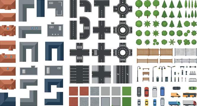 Top view of city map elements with buildings, roads, trees, vehicles, and street furniture