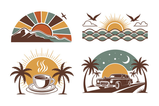 vintage retro sunset and morning vector illustration set with sun rising over hills ocean waves steaming coffee cup with palm trees tropical landscape collection and warm nostalgic summer design compo
